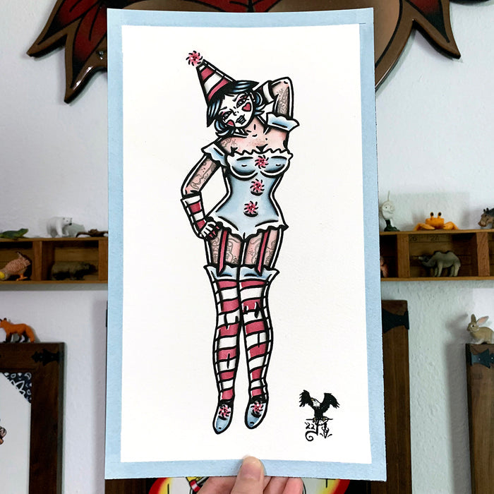 American traditional tattoo flash Clown Pinup watercolor painting.