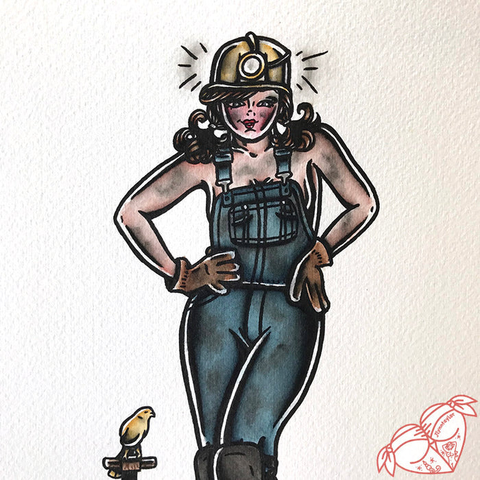 American Traditional tattoo flash sexy coal miner pinup spitshade painting.