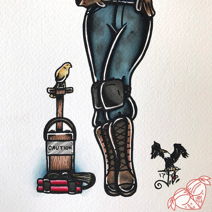 American Traditional tattoo flash sexy coal miner pinup spitshade painting.