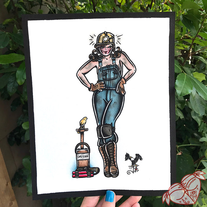 American Traditional tattoo flash sexy coal miner pinup spitshade painting.