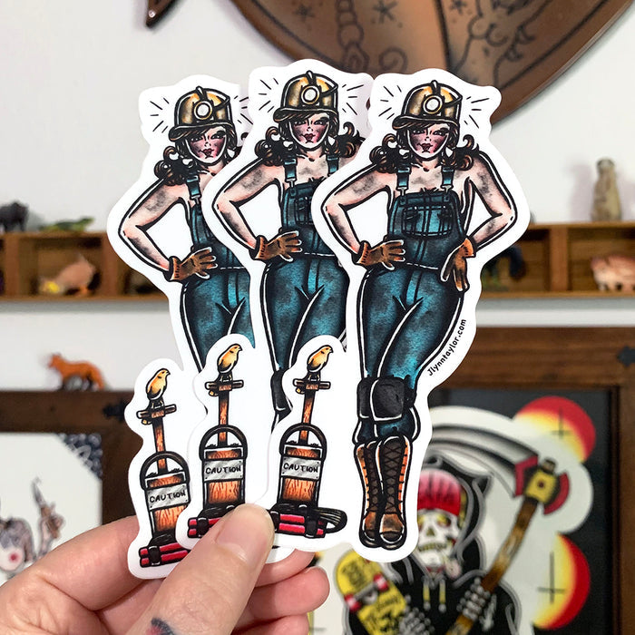 American traditional tattoo flash West Virginia Coal Miner and Canary Pinup watercolor sticker.