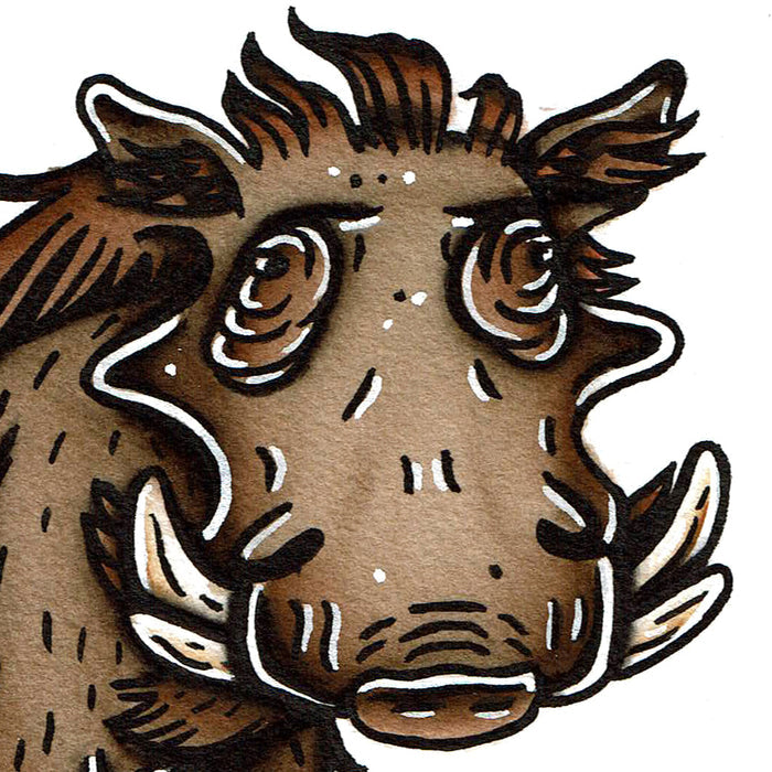 American traditional tattoo flash wildlife illustration Common Warthog ink and watercolor painting.