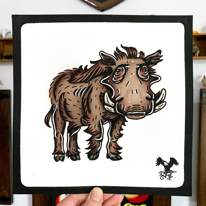 American traditional tattoo flash wildlife illustration Common Warthog ink and watercolor painting.