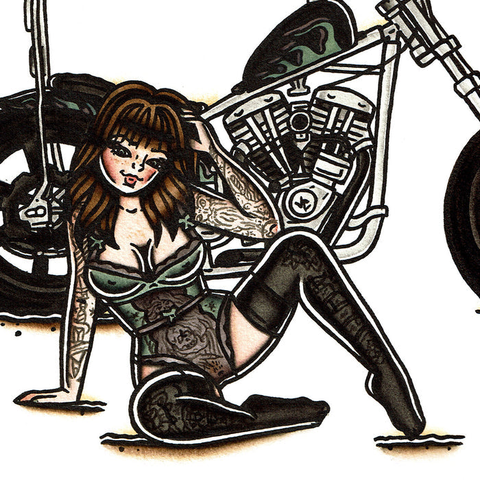 American traditional tattoo flash illustration Harley Davidson Cone Shovelhead Chopper Pinup watercolor painting.