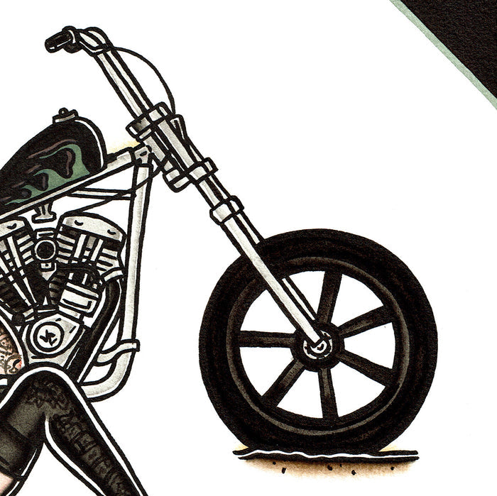 American traditional tattoo flash illustration Harley Davidson Cone Shovelhead Chopper Pinup watercolor painting.