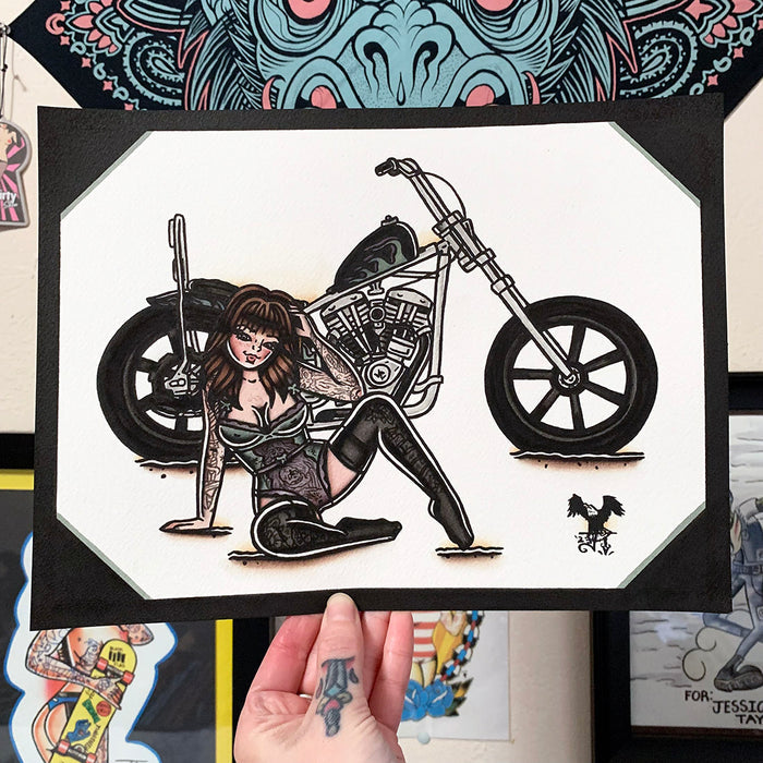 American traditional tattoo flash illustration Harley Davidson Cone Shovelhead Chopper Pinup watercolor painting.