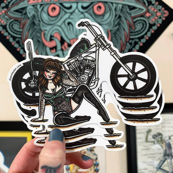 American traditional tattoo flash illustration Cone Shovelhead Chopper Pinup watercolor sticker.