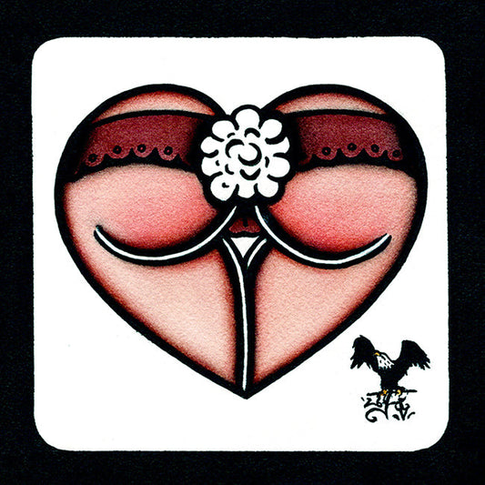 American traditional tattoo flash cottontail Bunny Rabbit Booty Butt Heart watercolor painting.