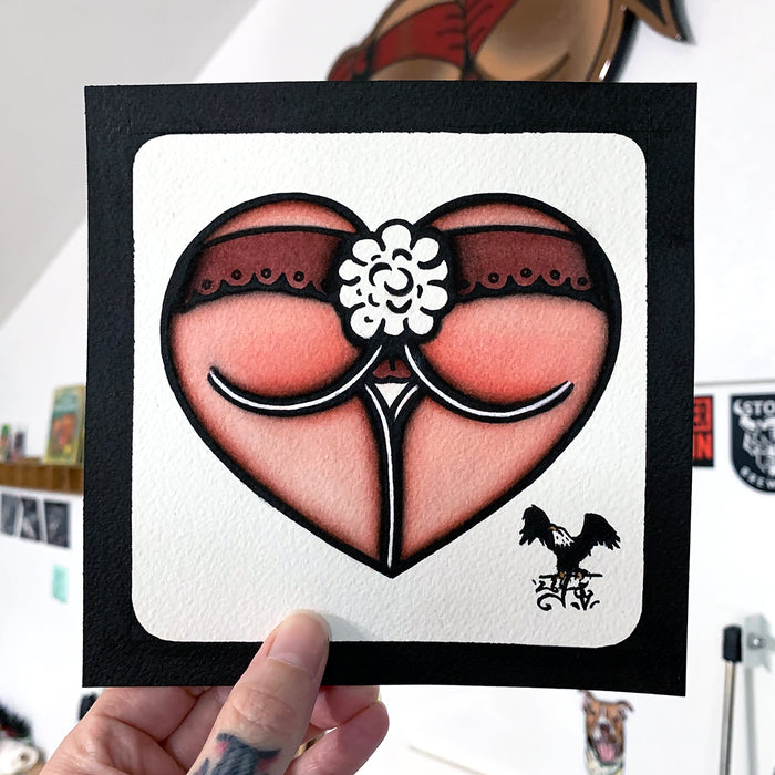 American traditional tattoo flash cottontail Bunny Rabbit Booty Butt Heart watercolor painting.