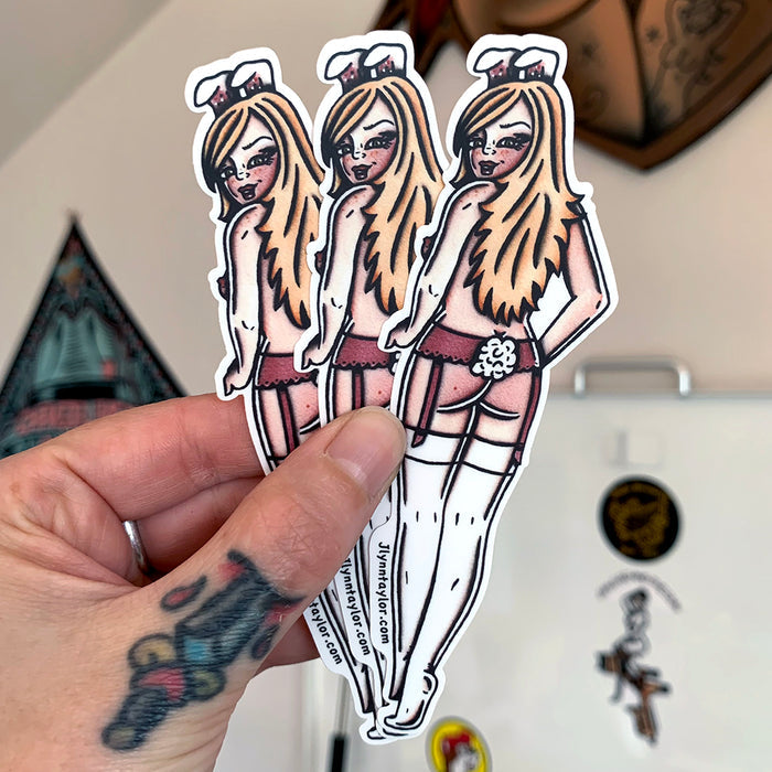American traditional tattoo flash Cottontail Bunny Rabbit Pinup watercolor sticker.