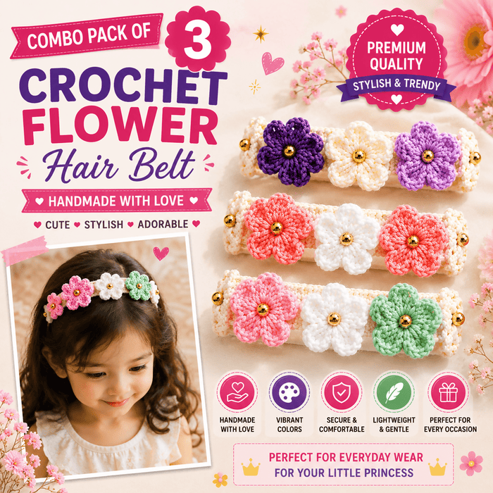 Designer Handmade Crochet Flower Hair Belt Combo | Set of 3 Colorful Hairbands
