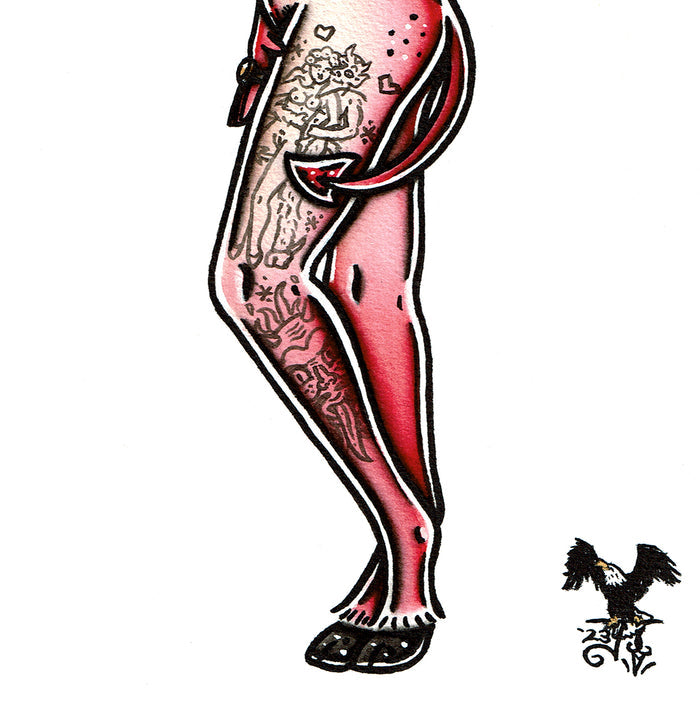 American traditional tattoo flash Devil Pinup watercolor painting.