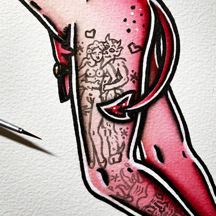 American traditional tattoo flash Devil Pinup watercolor painting.