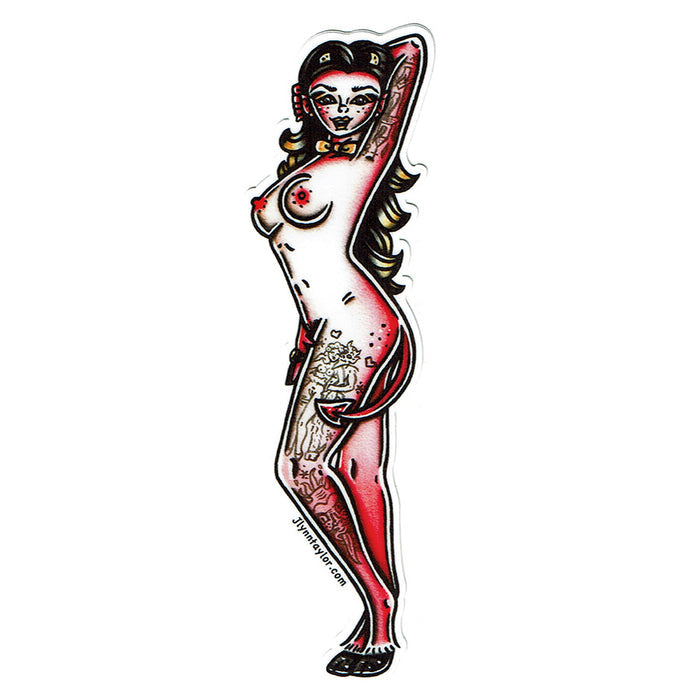 American traditional tattoo flash nude Devil Pinup watercolor sticker.
