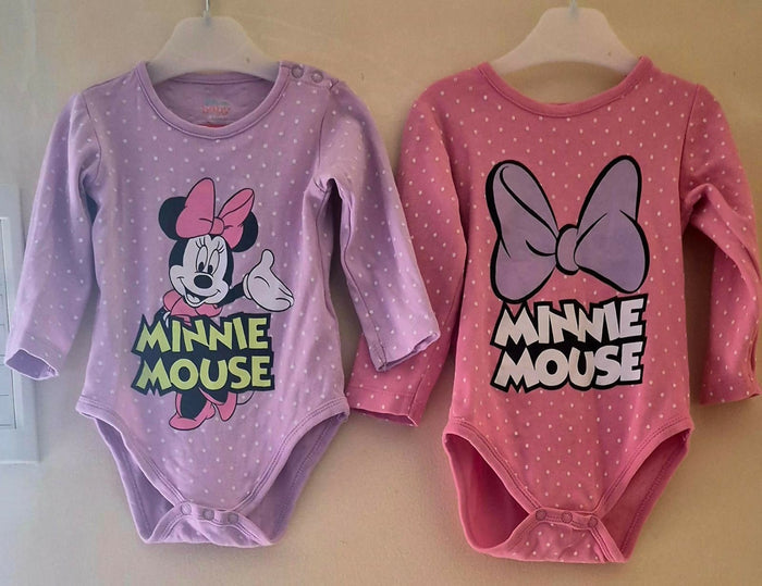 Two baby bodysuits with Minnie Mouse designs