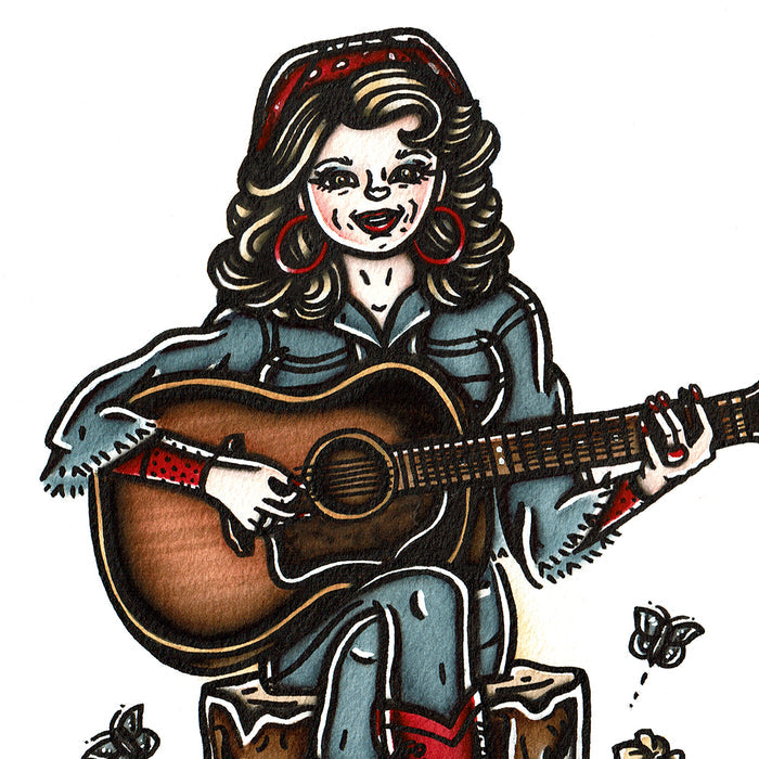 American traditional tattoo flash Dolly Parton watercolor painting.