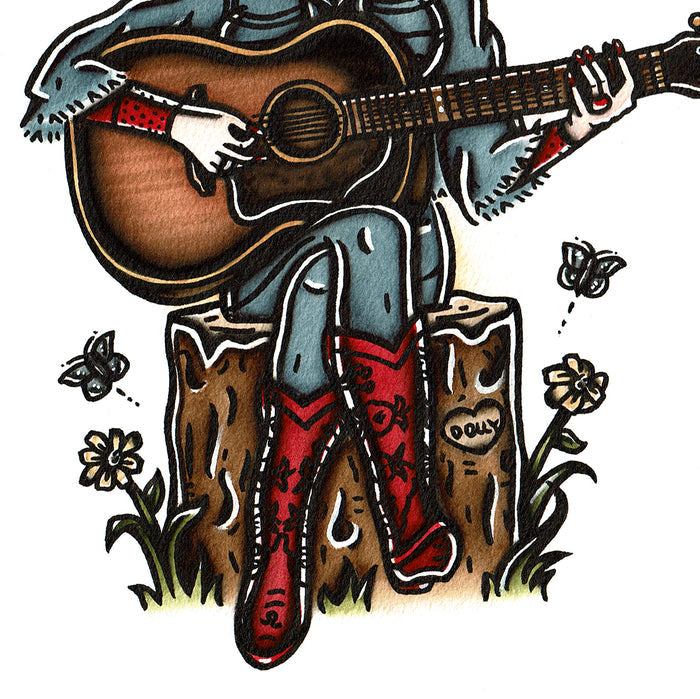 American traditional tattoo flash Dolly Parton watercolor painting.