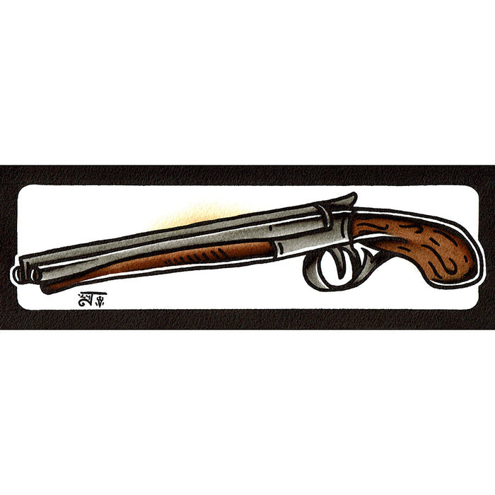 American traditional tattoo flash Double Barrel Shotgun watercolor painting.