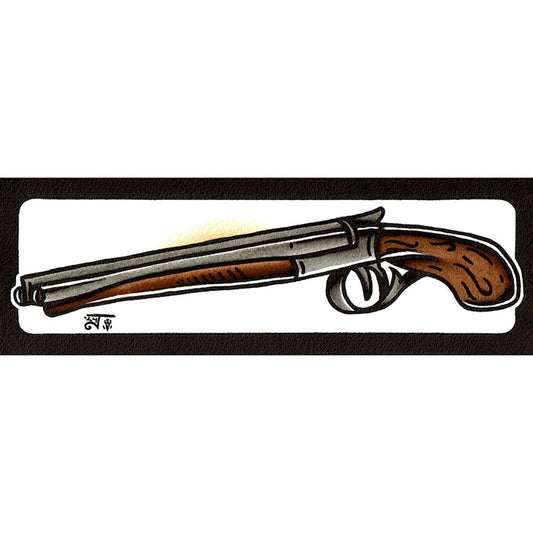 American traditional tattoo flash Double Barrel Shotgun watercolor painting.