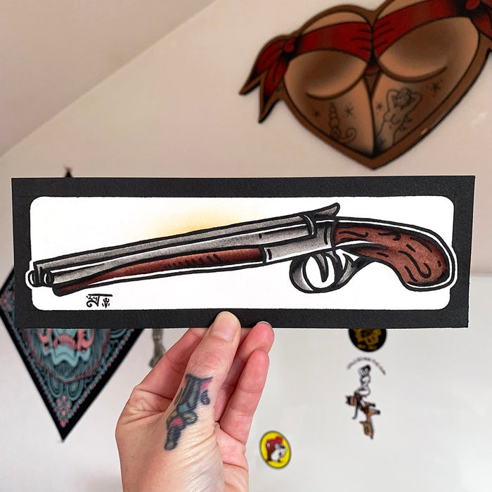 American traditional tattoo flash Double Barrel Shotgun watercolor painting.