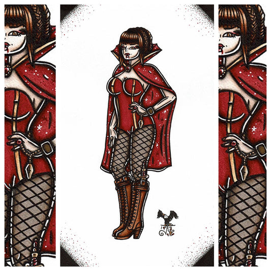 American Traditional tattoo flash Dracula Pinup watercolor painting.