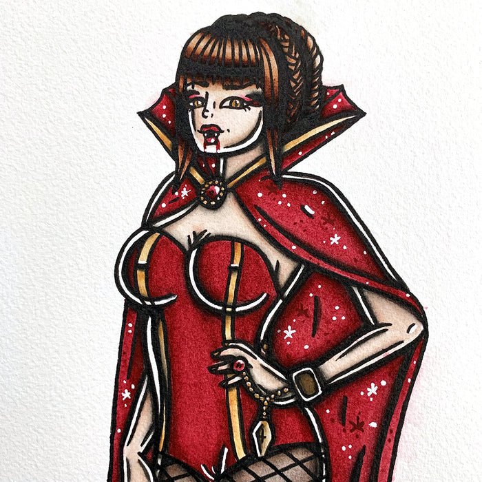 American Traditional tattoo flash Dracula Pinup watercolor painting.