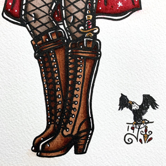 American Traditional tattoo flash Dracula Pinup watercolor painting.