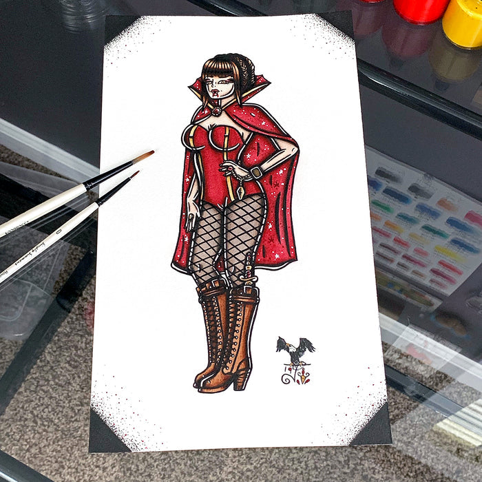 American Traditional tattoo flash Dracula Pinup watercolor painting.