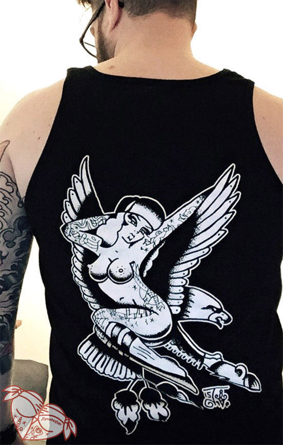 male wearing a tattoo style eagle and pinup black tank top.
