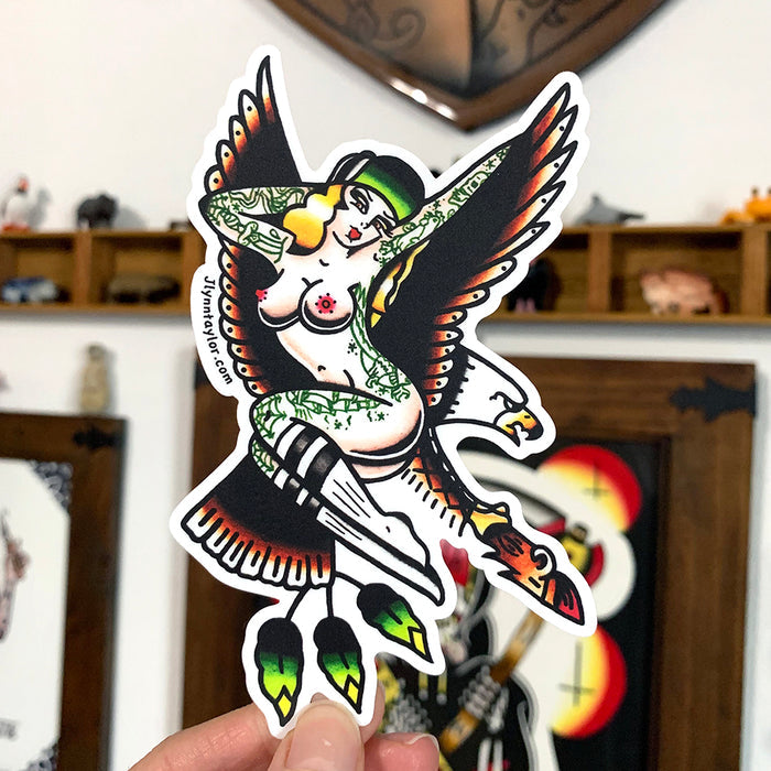 American traditional tattoo flash Illustration Eagle Skateboard Pinup watercolor sticker.
