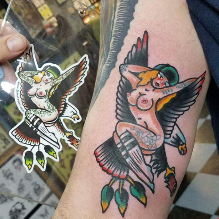 American traditional tattoo flash Illustration Eagle Skateboard Pinup watercolor sticker.