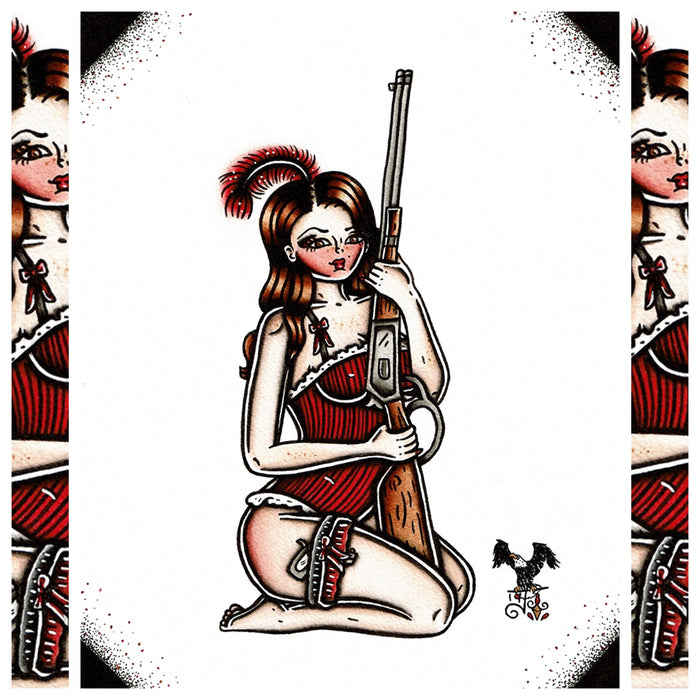 American Traditional tattoo flash sexy western saloon girl pinup spitshade painting.