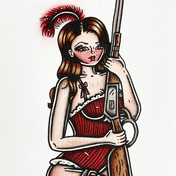 American Traditional tattoo flash sexy western saloon girl pinup spitshade painting.