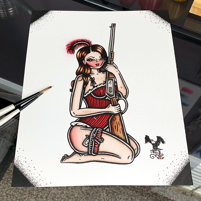 American Traditional tattoo flash sexy western saloon girl pinup spitshade painting.
