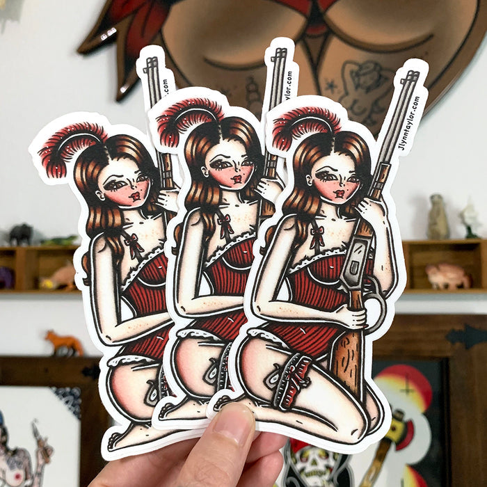 American traditional tattoo flash illustration Saloon Girl Rifle Pinup watercolor stickers.