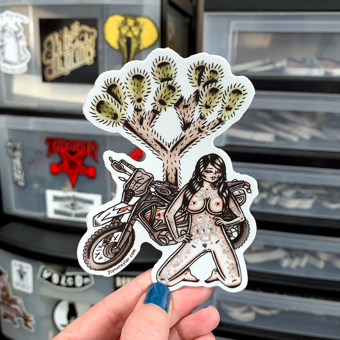 American traditional tattoo flash sexy KTM Enduro dirt bike pinup sticker.