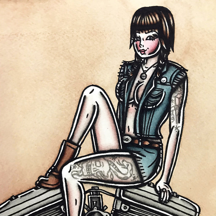 American Traditional tattoo flash sexy Harley-Davidson Evolution engine pinup spitshade painting.