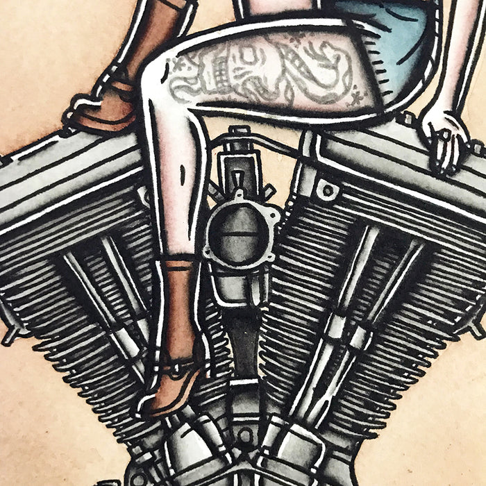 American Traditional tattoo flash sexy Harley-Davidson Evolution engine pinup spitshade painting.