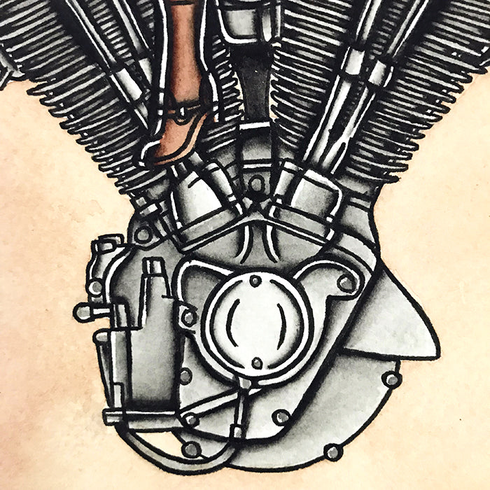 American Traditional tattoo flash sexy Harley-Davidson Evolution engine pinup spitshade painting.
