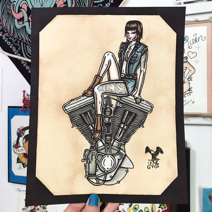 American Traditional tattoo flash sexy Harley-Davidson Evolution engine pinup spitshade painting.