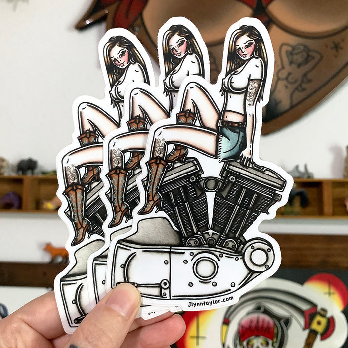American Traditional tattoo flash illustration Harley Motorcycle Evolution Sport Engine Pinup watercolor sticker.