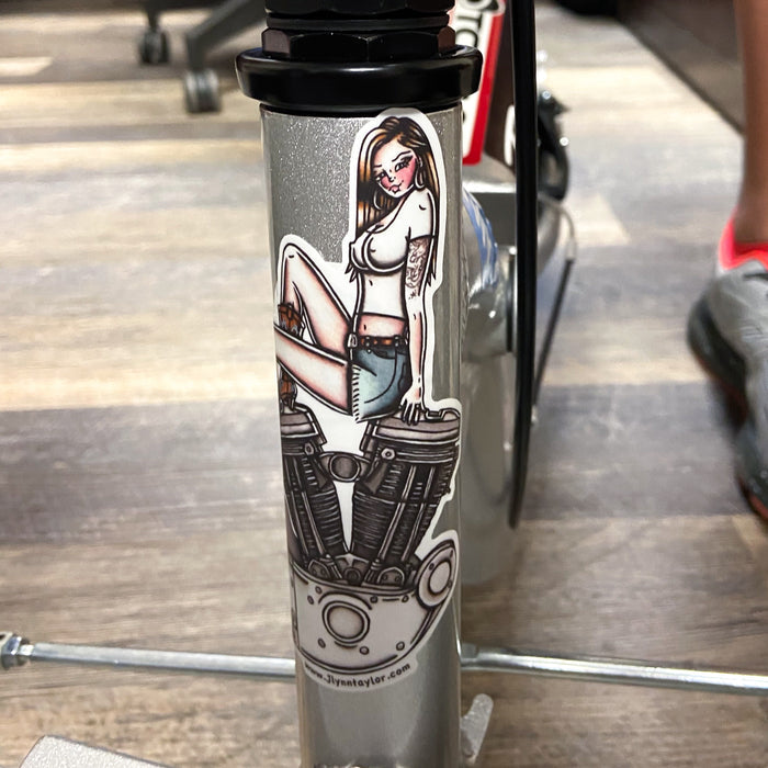 American Traditional tattoo flash illustration Harley Motorcycle Evolution Sport Engine Pinup watercolor sticker.