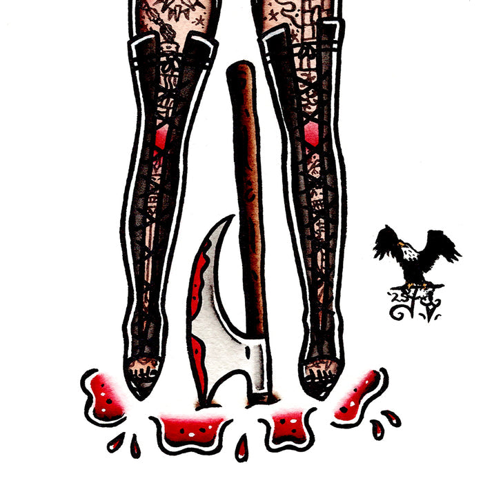 American traditional tattoo flash Topless Executioner Pinup ink and watercolor painting.