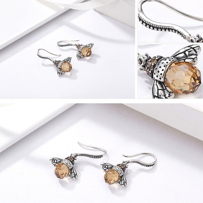 Exquisite 925 Sterling Silver Crystal Bee Earrings