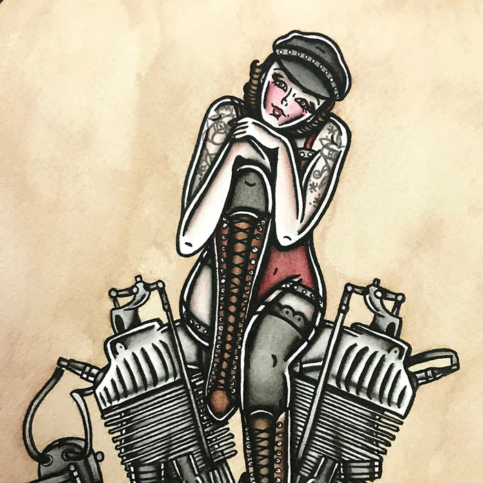 American Traditional tattoo flash sexy Harley-Davidson F-Head engine pinup spitshade painting.