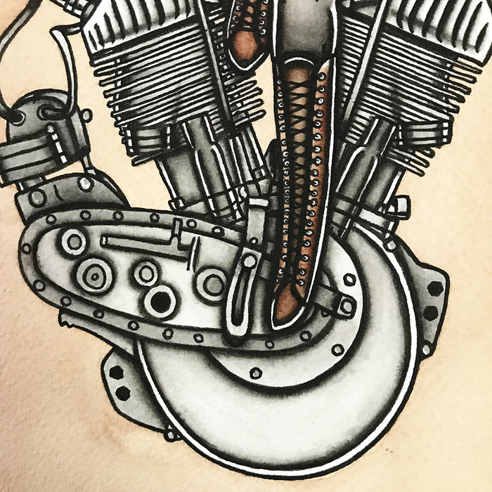 American Traditional tattoo flash sexy Harley-Davidson F-Head engine pinup spitshade painting.