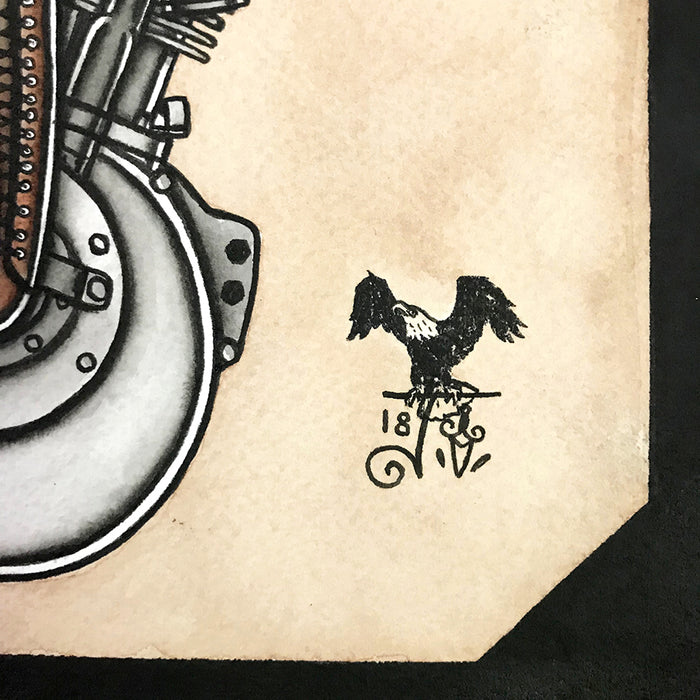 American Traditional tattoo flash sexy Harley-Davidson F-Head engine pinup spitshade painting.
