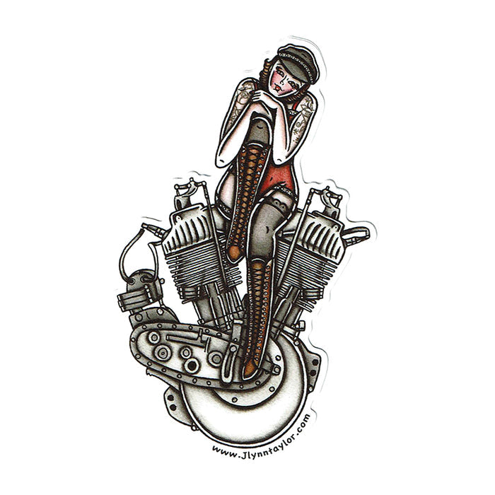 American traditional tattoo flash illustration Harley Motorcycle F-Head Engine Pinup watercolor sticker.