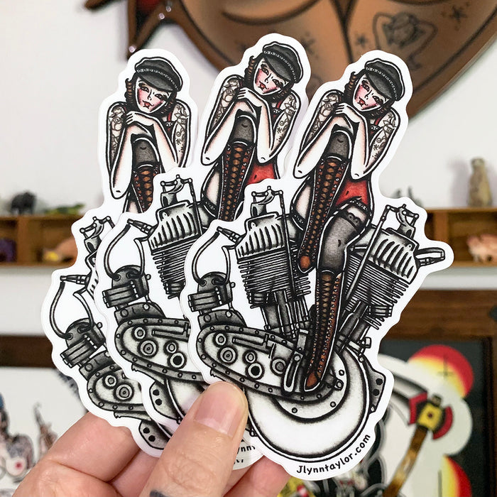 American traditional tattoo flash illustration Harley Motorcycle F-Head Engine Pinup watercolor sticker.