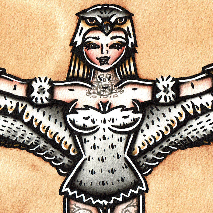 American traditional tattoo flash illustration The Sorceress of Castle Grayskull Falcon Pinup watercolor painting.